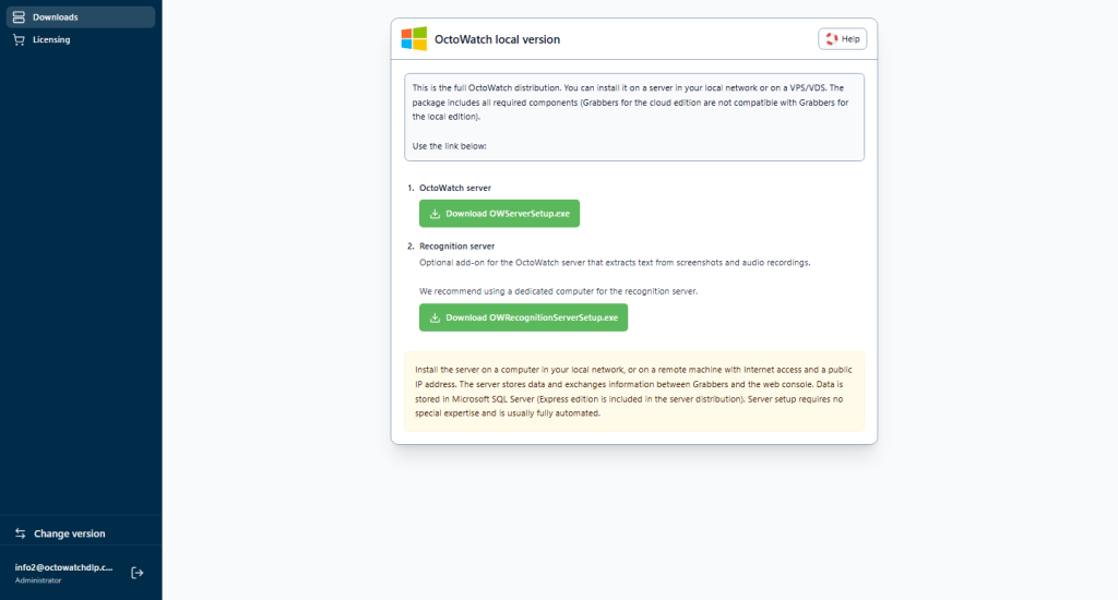 OctoWatch On-Premise server download and setup path for self-hosted evaluation